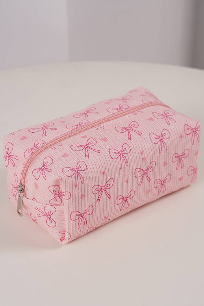 Ribbed Cosmetic Pouch - Cherry/Bow