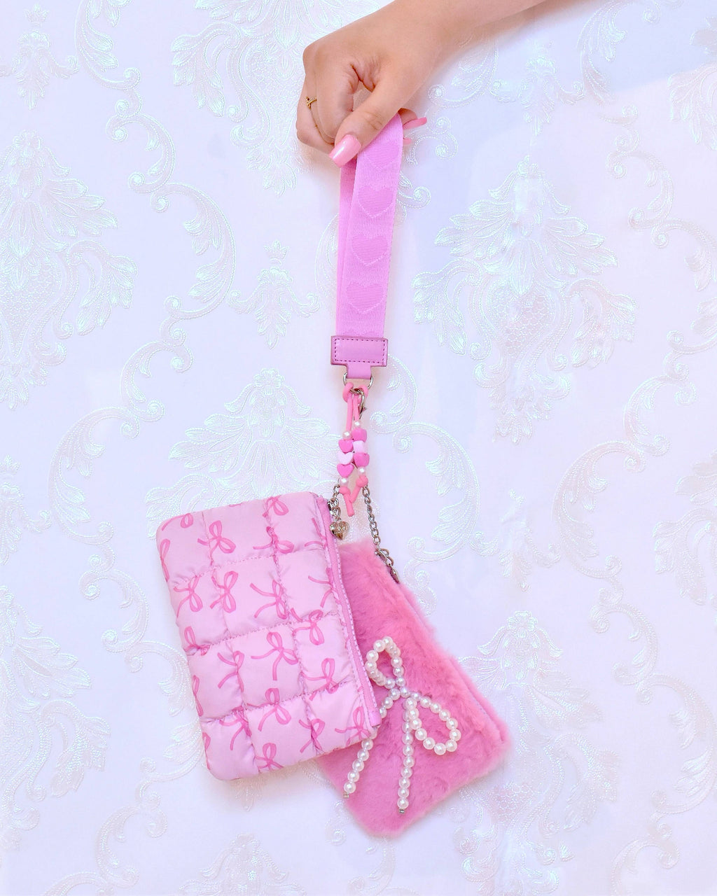 Quilted Bow 3 Piece Coin Purse Keychain Set
