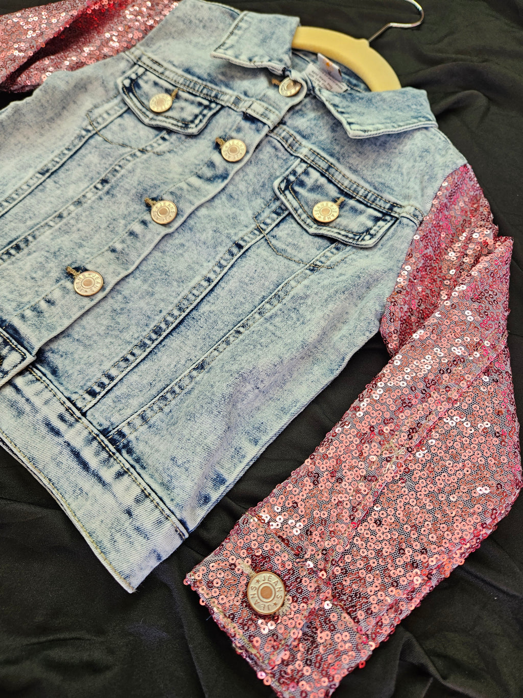 Pink Sequin & Light Wash Denim Jacket