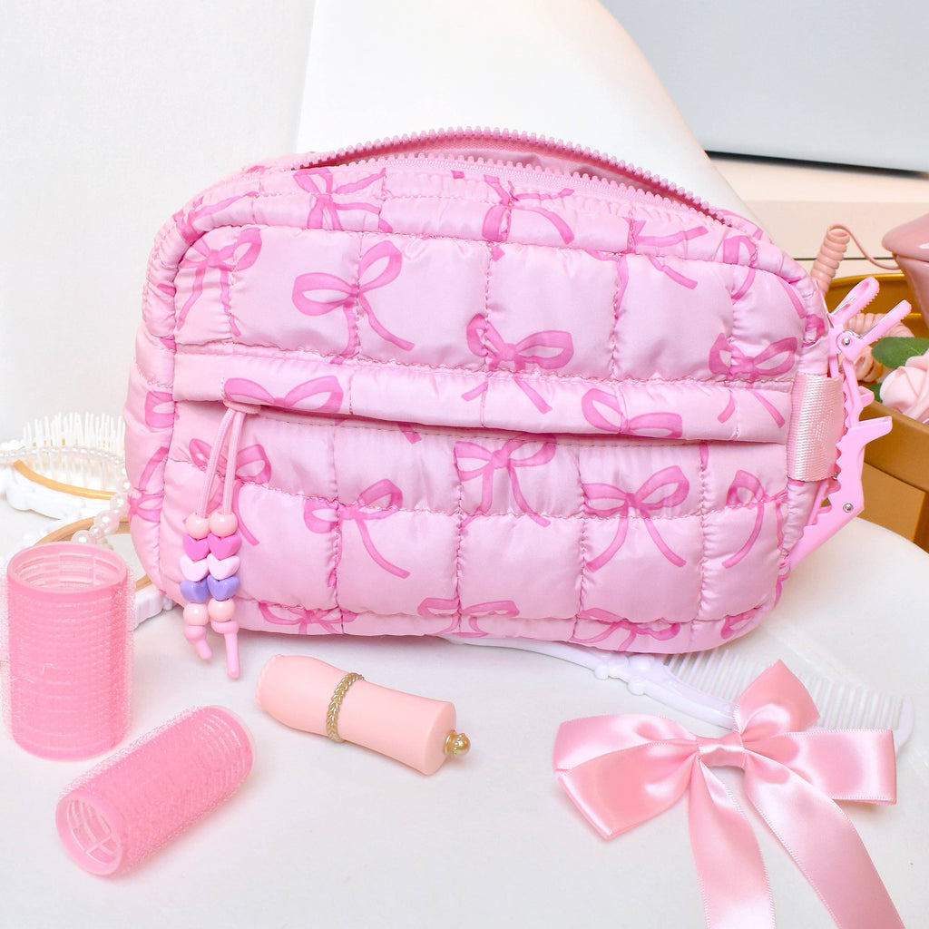 "GRWM" Quilted Bow Printed Pouch
