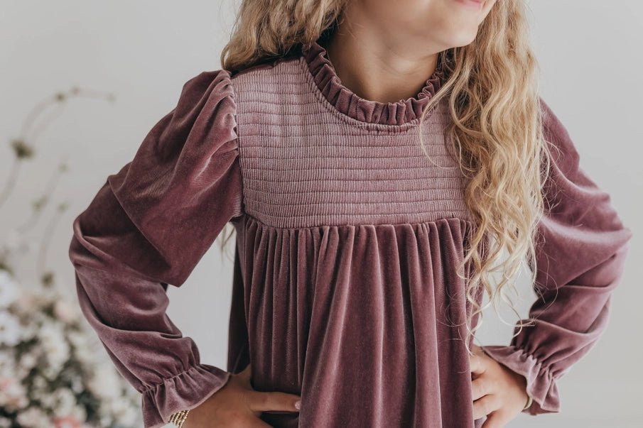 Dusty Rose Smocked Velvet Dress