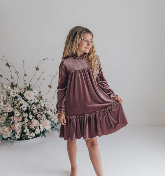 Dusty Rose Smocked Velvet Dress