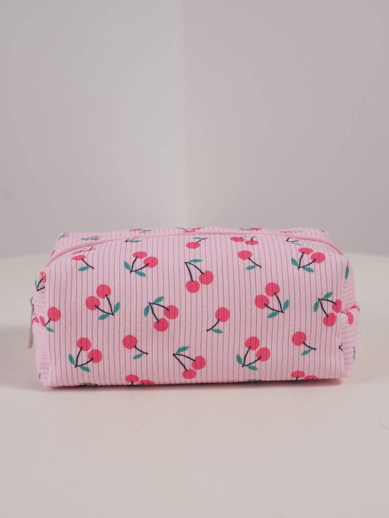 Ribbed Cosmetic Pouch - Cherry/Bow