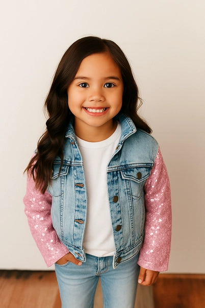 Pink Sequin & Light Wash Denim Jacket